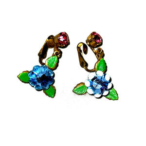 Austria earrings, Floral, Vintage, Blue and pink, enamel earrings, Rhinestones